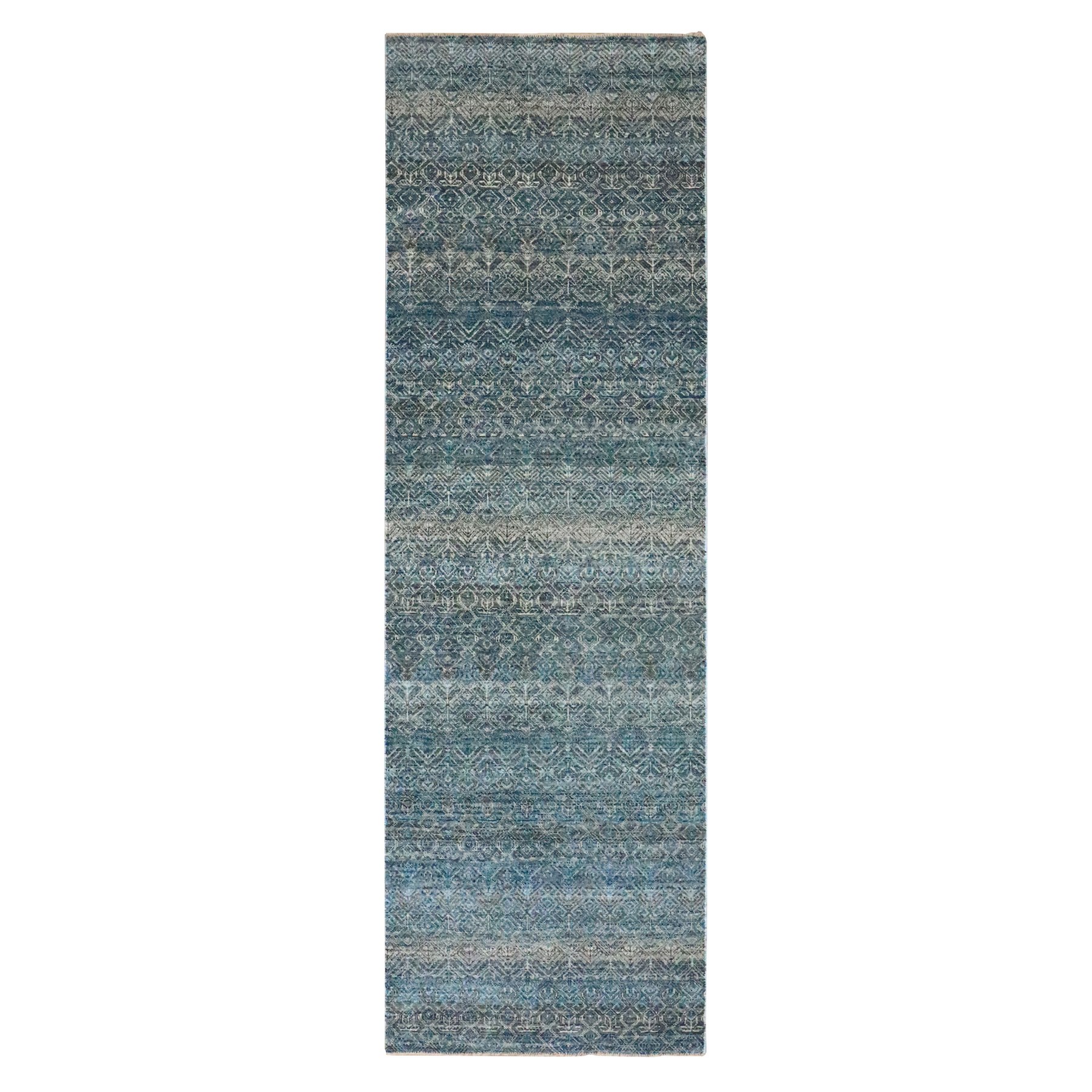 3'x9'9" Jasper Blue, Kohinoor Herat Pattern, Small Geometric Repetitive Diamond Design, Soft Wool, Tone On Tone, Hand Knotted, Runner, Oriental Rug 